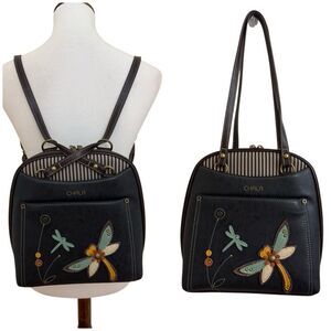 Chala Covertible Backpack / Shoulder Bag Black Faux Leather Dragonfly
